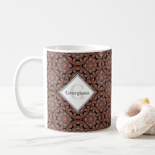 Custom Name Art Deco Safari Sunset Boho Mandala Coffee Mug (With Donut)