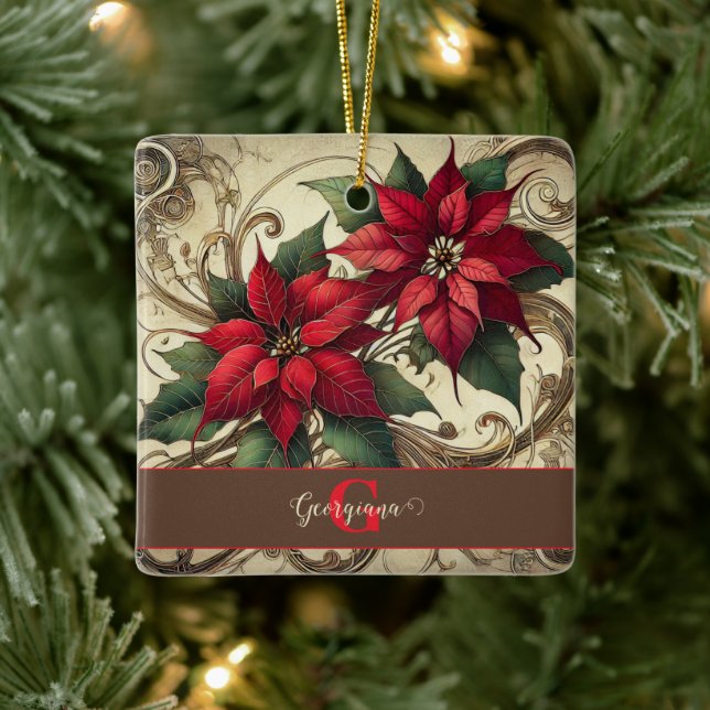Custom Name Art Nouveau Christmas Poinsettia Ceramic Ornament (Tree)