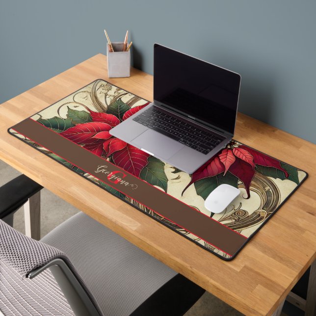 Custom Name Art Nouveau Christmas Poinsettia Desk Mat (Office 2)