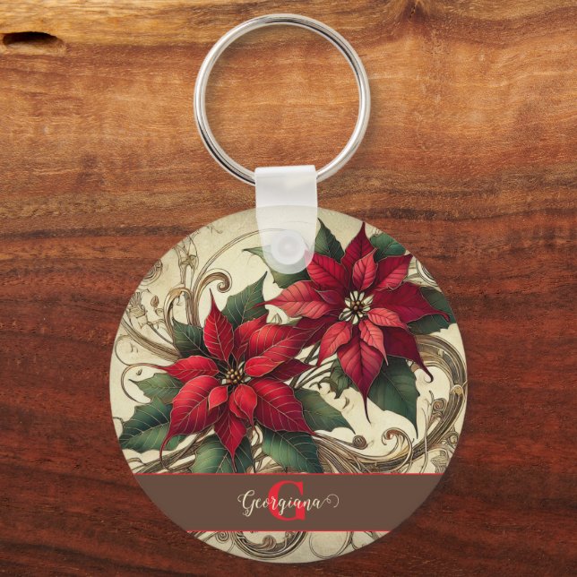 Custom Name Art Nouveau Christmas Poinsettia Key Ring (Front)