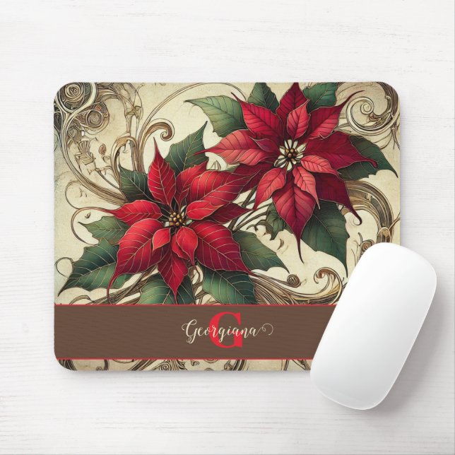 Custom Name Art Nouveau Christmas Poinsettia Mouse Pad (With Mouse)