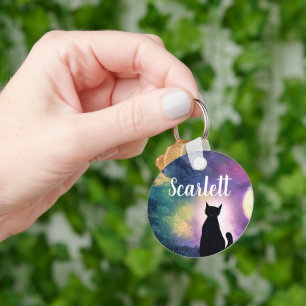 Custom Name Artistic Cute Cat Moon and Galaxy Key Ring