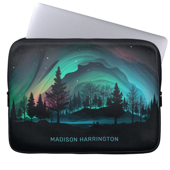 Custom Name Aurora Borealis Illustration Laptop Sleeve (Front)