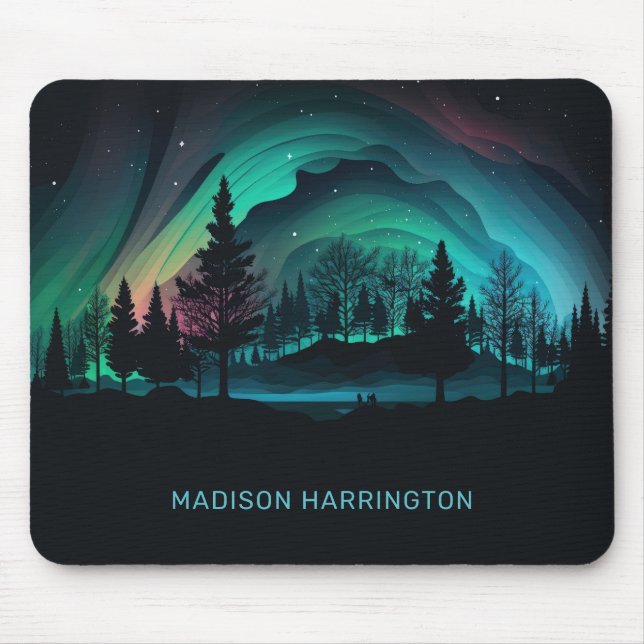 Custom Name Aurora Borealis Illustration Mouse Pad (Front)