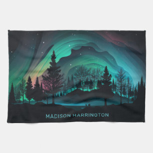 Custom Name Aurora Borealis Illustration Tea Towel