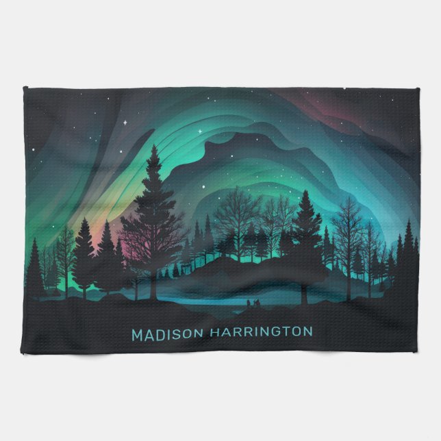 Custom Name Aurora Borealis Illustration Tea Towel (Horizontal)