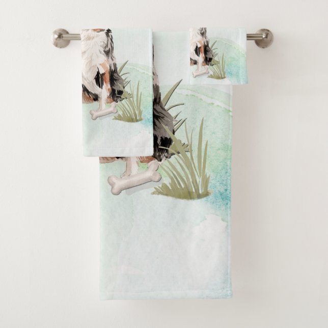 Custom Name Australian Shepherd Pet Dog Bath Towel Set (Insitu)