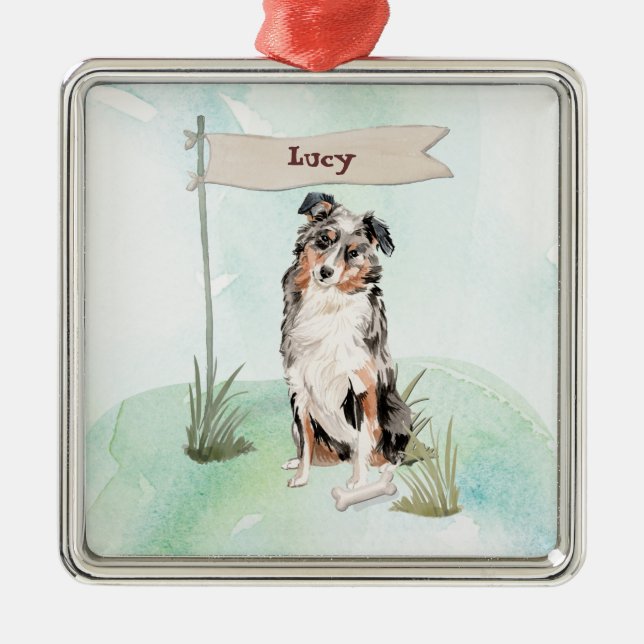 Custom Name Australian Shepherd Pet Dog Metal Ornament (Front)