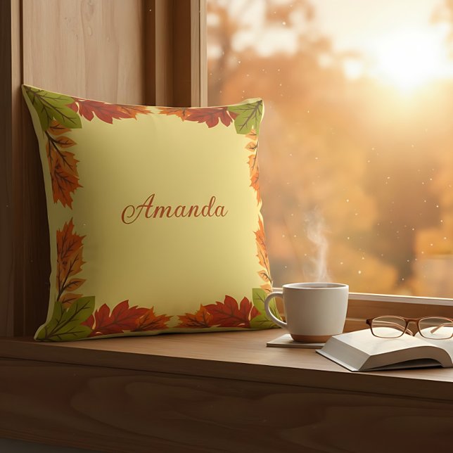 Custom Name Autumn Leaves Keepsake Cushion (Rustic fall leaves pillow for farmhouse décor and cozy autumn living room charm.)