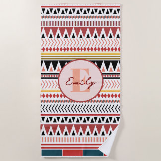 Custom Name Aztec Elegance Warm Red Ethnic Pattern Beach Towel
