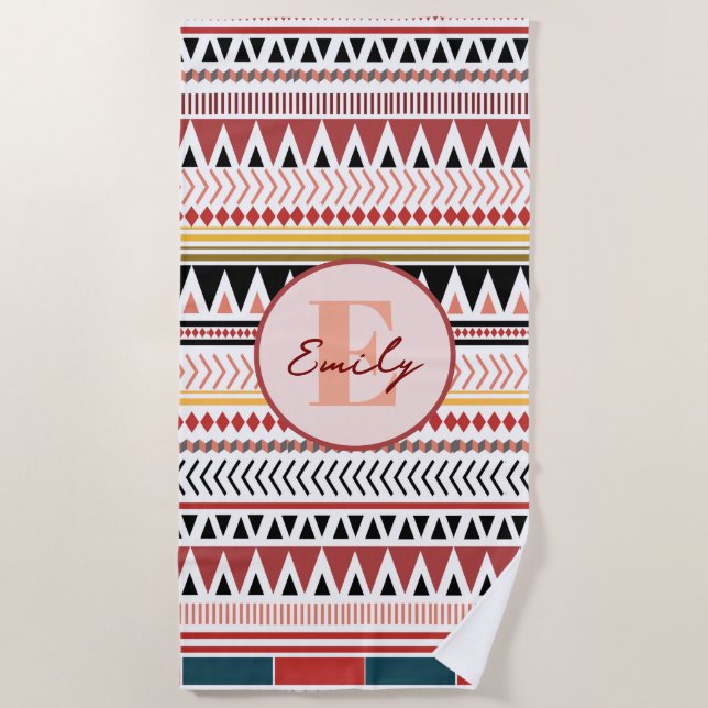 Custom Name Aztec Elegance Warm Red Ethnic Pattern Beach Towel (Front)