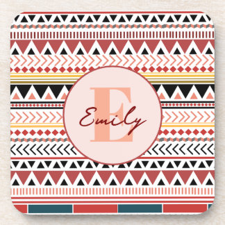 Custom Name Aztec Elegance Warm Red Ethnic Pattern Coaster