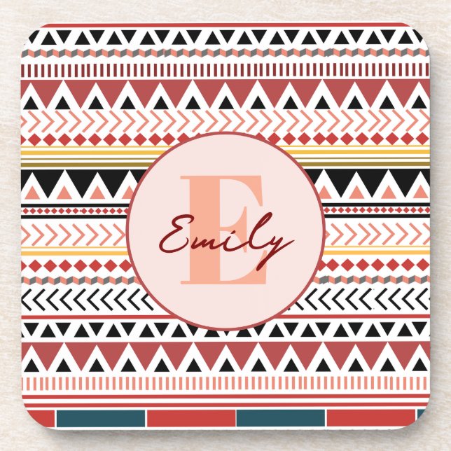 Custom Name Aztec Elegance Warm Red Ethnic Pattern Coaster (Front)