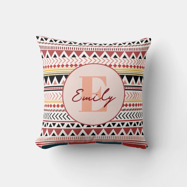 Custom Name Aztec Elegance Warm Red Ethnic Pattern Cushion (Front)