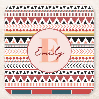 Custom Name Aztec Elegance Warm Red Ethnic Pattern Square Paper Coaster