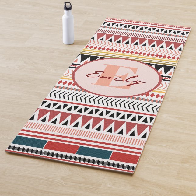Custom Name Aztec Elegance Warm Red Ethnic Pattern Yoga Mat (In Situ)