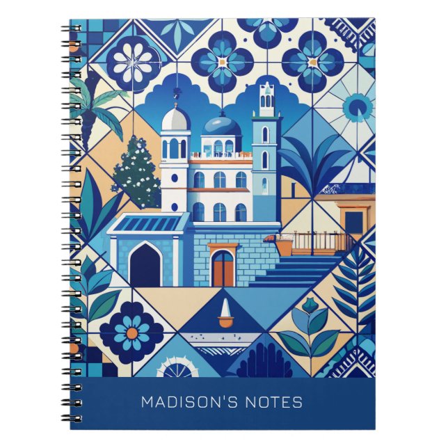Custom Name Azulejo Tiles Pattern Notebook (Front)