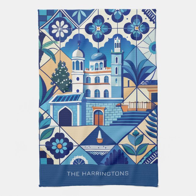 Custom Name Azulejo Tiles Pattern Tea Towel (Vertical)