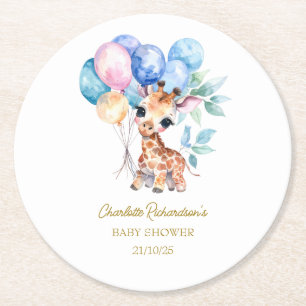 Custom Name Baby Giraffe Baby Shower Round Paper Coaster