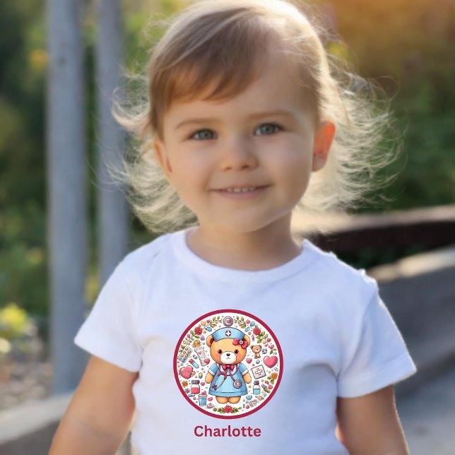Custom Name Baby Girl Nurse Teddy Bear Baby T-Shirt (Creator Uploaded)