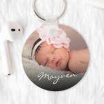 Custom Name Baby Photo Glamourous Script Key Ring<br><div class="desc">Create your own personalised round keychain with your custom glam handwritten script name and favourite photo.</div>