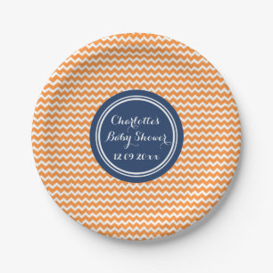 Custom Name Baby Shower Plates Orange Blue Chevron