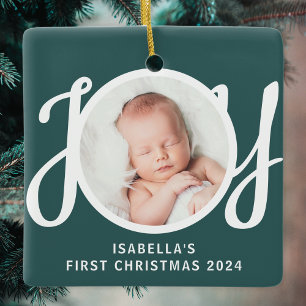 Custom Name Baby's First Christmas Photo Green Ceramic Ornament