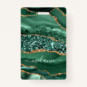 Custom Name Badge Agate Green Gold Glitter Marble ID Badge