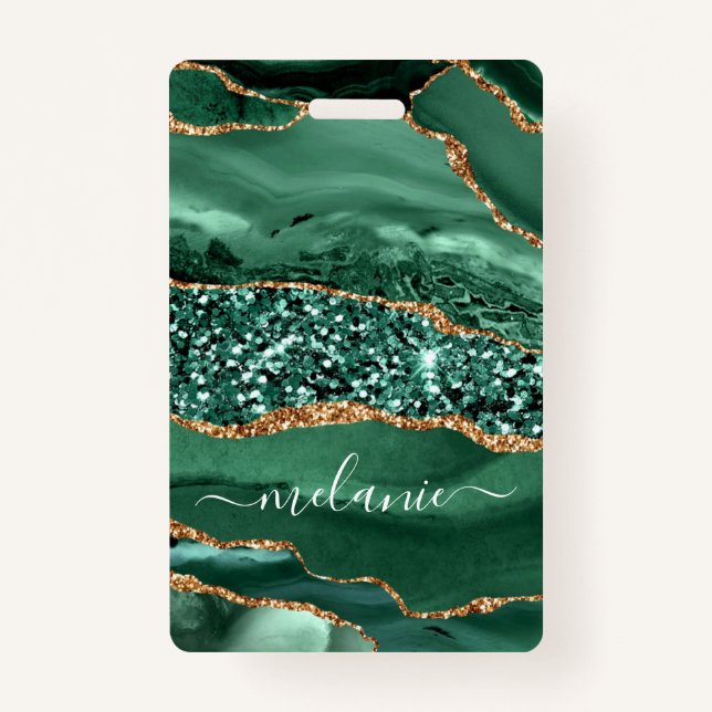 Custom Name Badge Agate Green Gold Glitter Marble ID Badge (Back)
