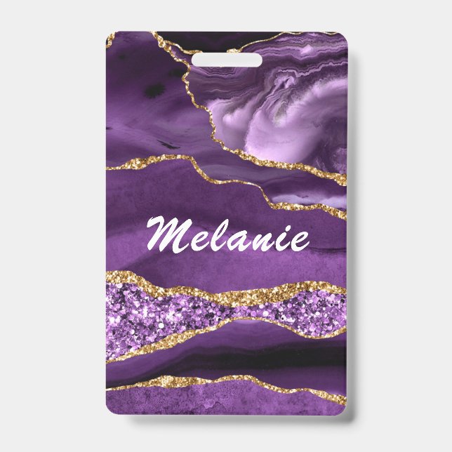 Custom Name Badge Agate Purple Violet Gold Glitter ID Badge (Front)