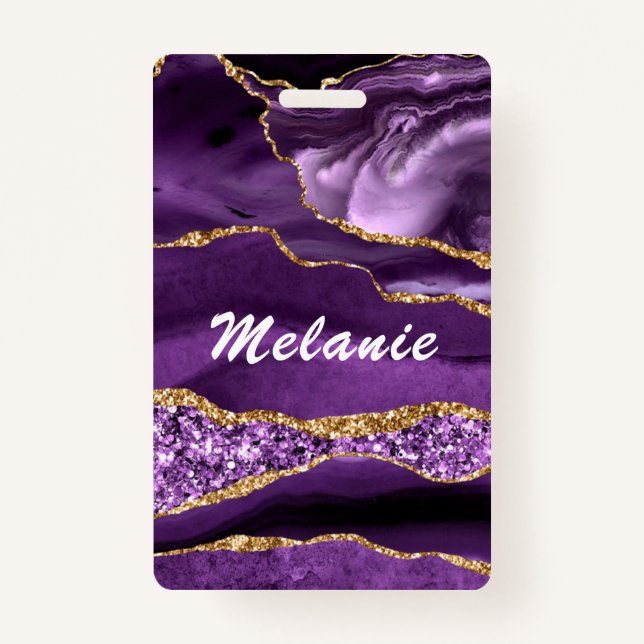 Custom Name Badge Agate Purple Violet Gold Glitter ID Badge (Back)