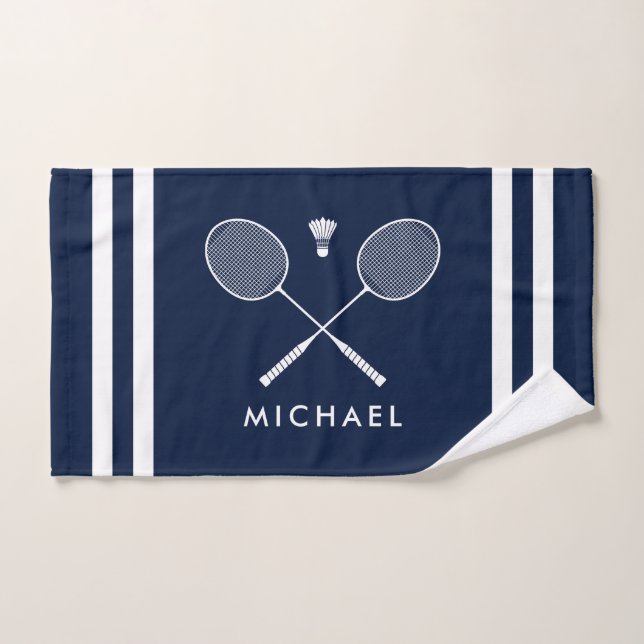 Custom Name Badminton Navy Blue Stripes Hand Towel (Hand Towel)