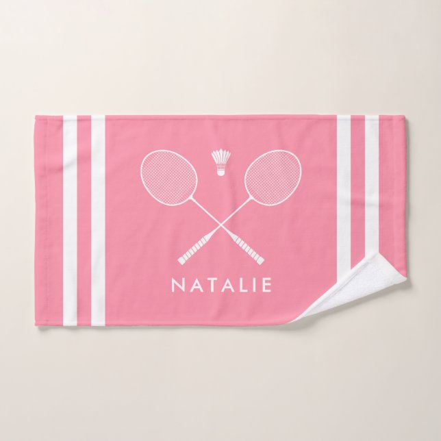 Custom Name Badminton Pink Stripes Hand Towel (Hand Towel)