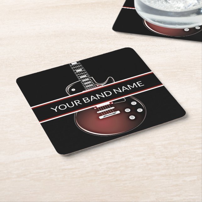 Custom Name Band Guitar Rock and Roll Music Square Paper Coaster (Angled)