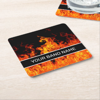 Custom Name Band Merch Flames Rock & Roll Music Square Paper Coaster