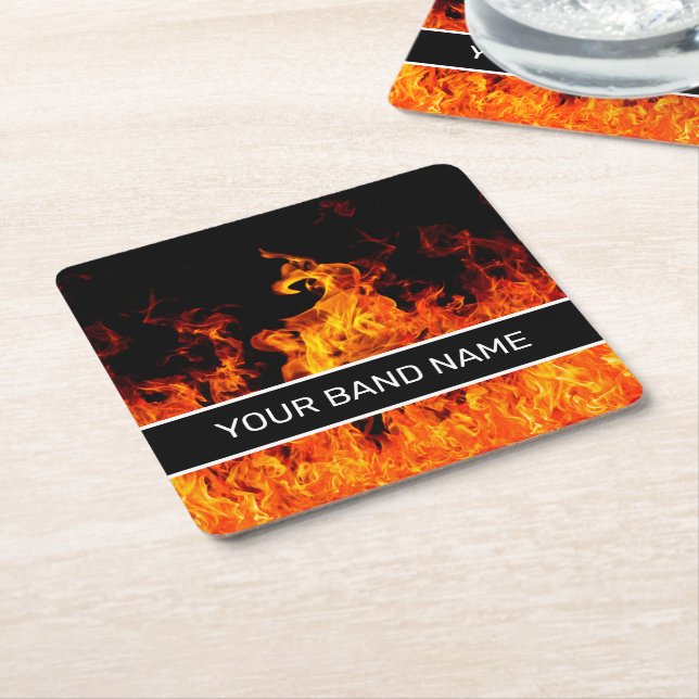 Custom Name Band Merch Flames Rock & Roll Music Square Paper Coaster (Angled)