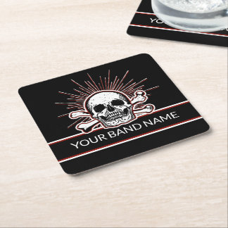 Custom Name Band Skull Bones Rock & Roll Punk Square Paper Coaster