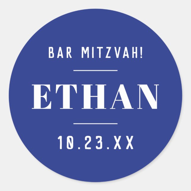 Custom Name Bar or Bat Mitzvah Modern Classic Blue Round Sticker (Front)
