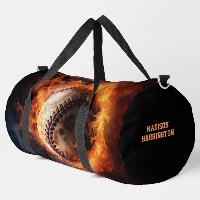 Custom Name Baseball on Fire Duffle Bag (Left Corner)