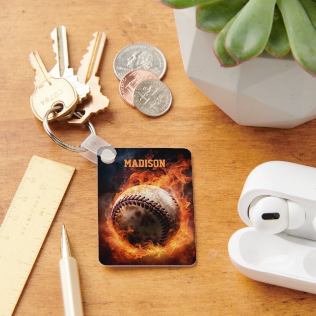 Custom Name Baseball on Fire Key Ring (Desk)