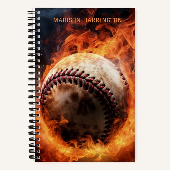 Custom Name Baseball on Fire Notebook (Front)