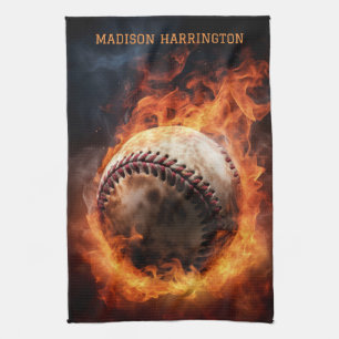 Custom Name Baseball on Fire Tea Towel