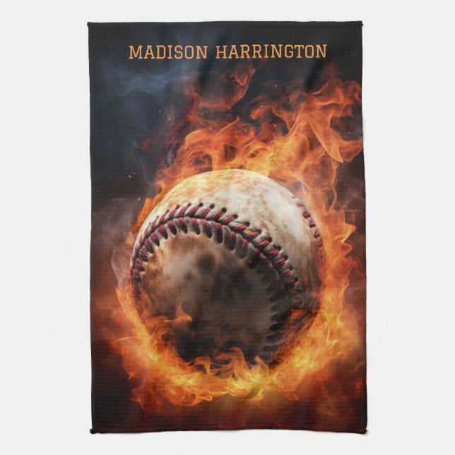 Custom Name Baseball on Fire Tea Towel (Vertical)