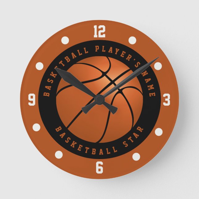 Custom Name Basketball Black and Orange Round Clock (Front)