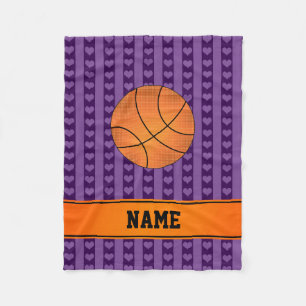 Custom name basketball purple hearts stripes fleece blanket