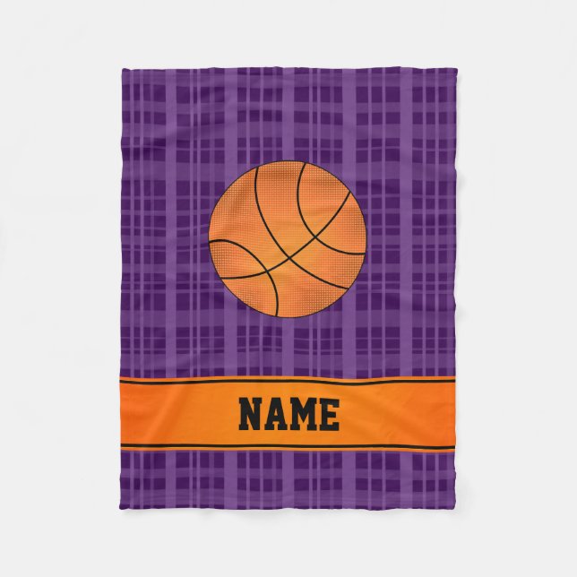 Custom name basketball purple plaid fleece blanket (Front)