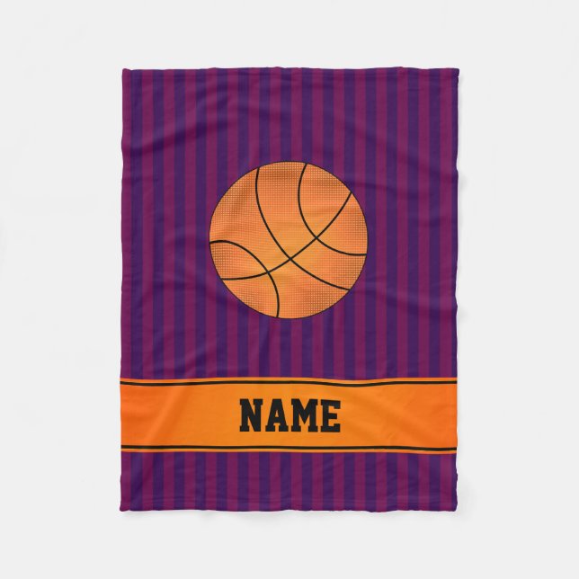 Custom name basketball purple stripes fleece blanket (Front)