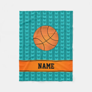 Custom name basketball turquoise hearts stripes fleece blanket
