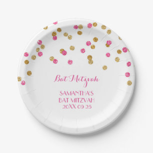 Custom Name Bat Mitzvah Plates Pink Gold Confetti