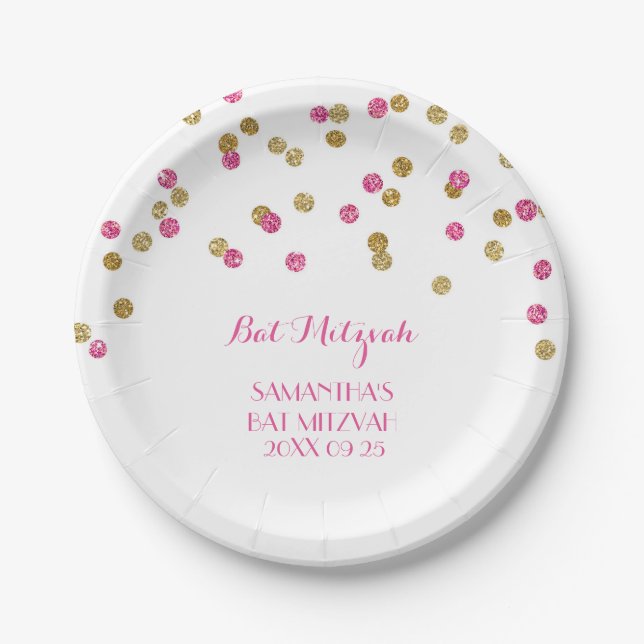 Custom Name Bat Mitzvah Plates Pink Gold Confetti (Front)